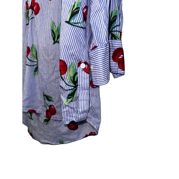 Violet Sky Blue Striped Cherry Print Half Button Top Size Medium - Picture 3 of 7
